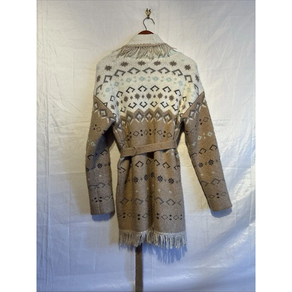 LUCKY BRAND Beige Fair Isle Print Open Front Tie Cardigan Sweater Womens size M - Picture 8 of 13